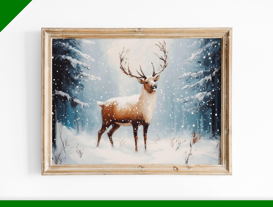 Reindeer in Falling Snow Blue Winter Forest Vintage Painting Poster