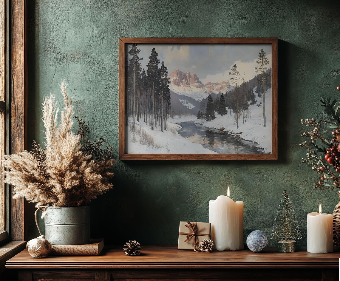 Icy Mountain Stream Winter Snowy Forest Peaks Oil Painting Poster - Image 4