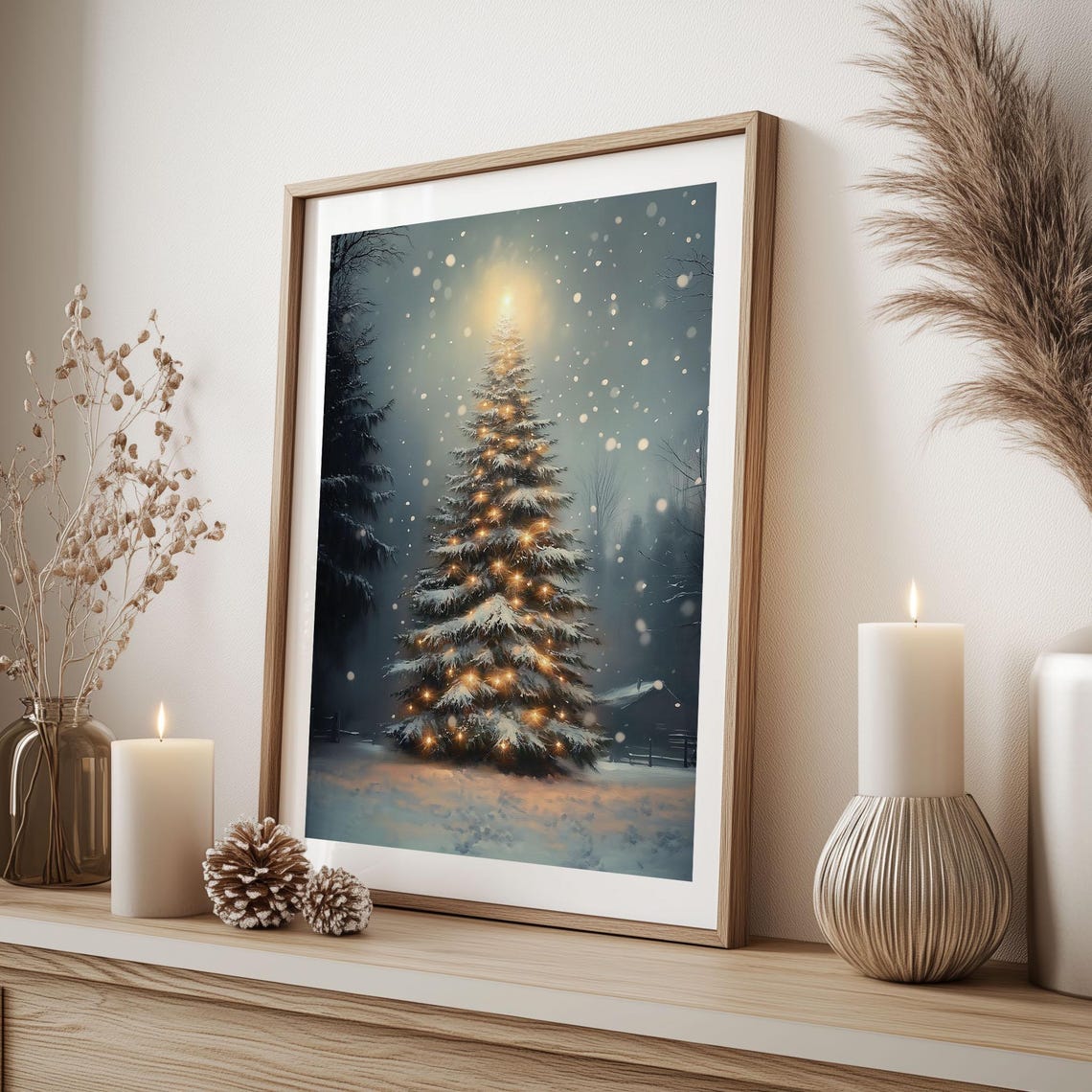 Lit Christmas Tree in Snowy Night with Glowing Lights Holiday Poster - Image 6