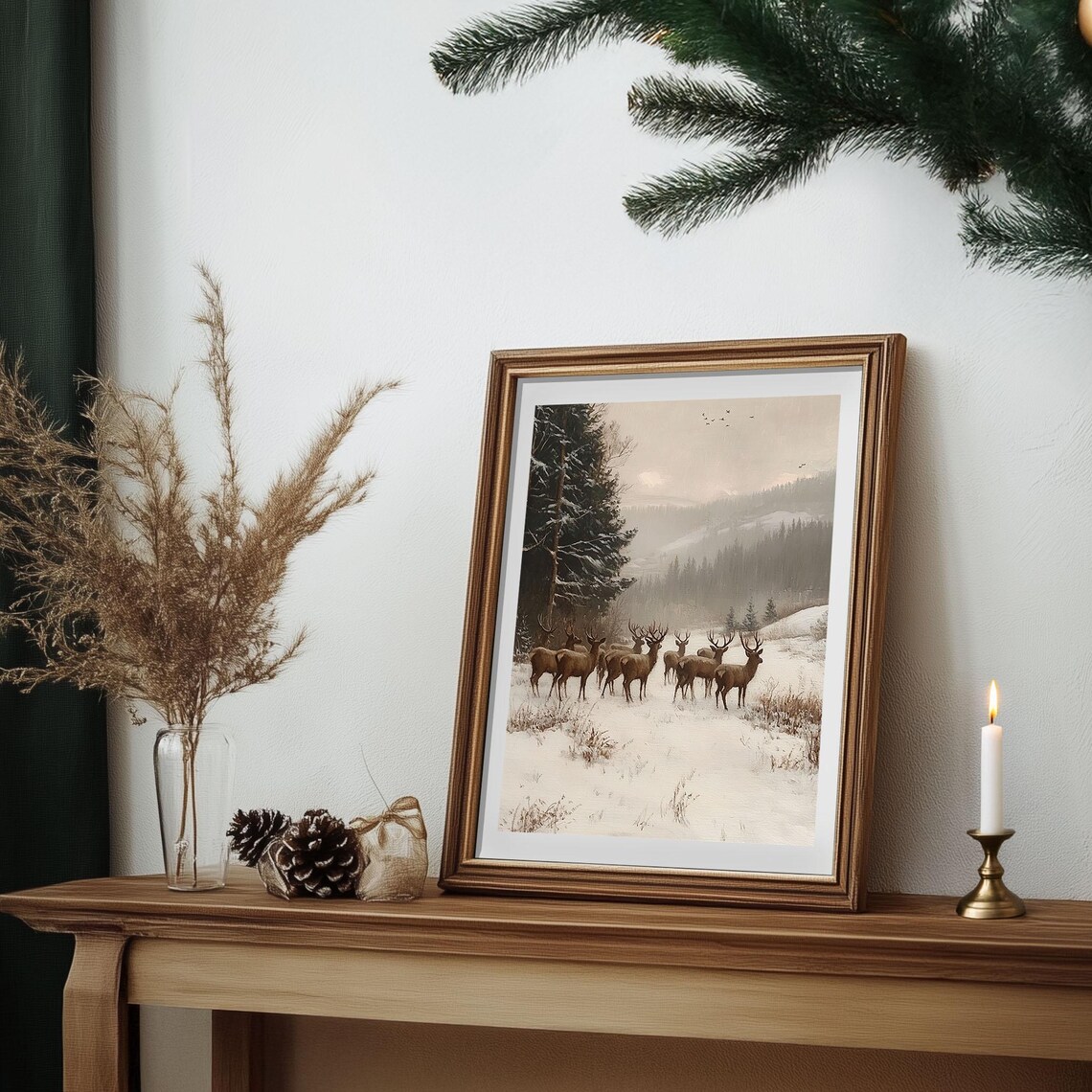 Herd of Deer in Snowy Mountain Forest Vintage Wildlife Poster - Image 4
