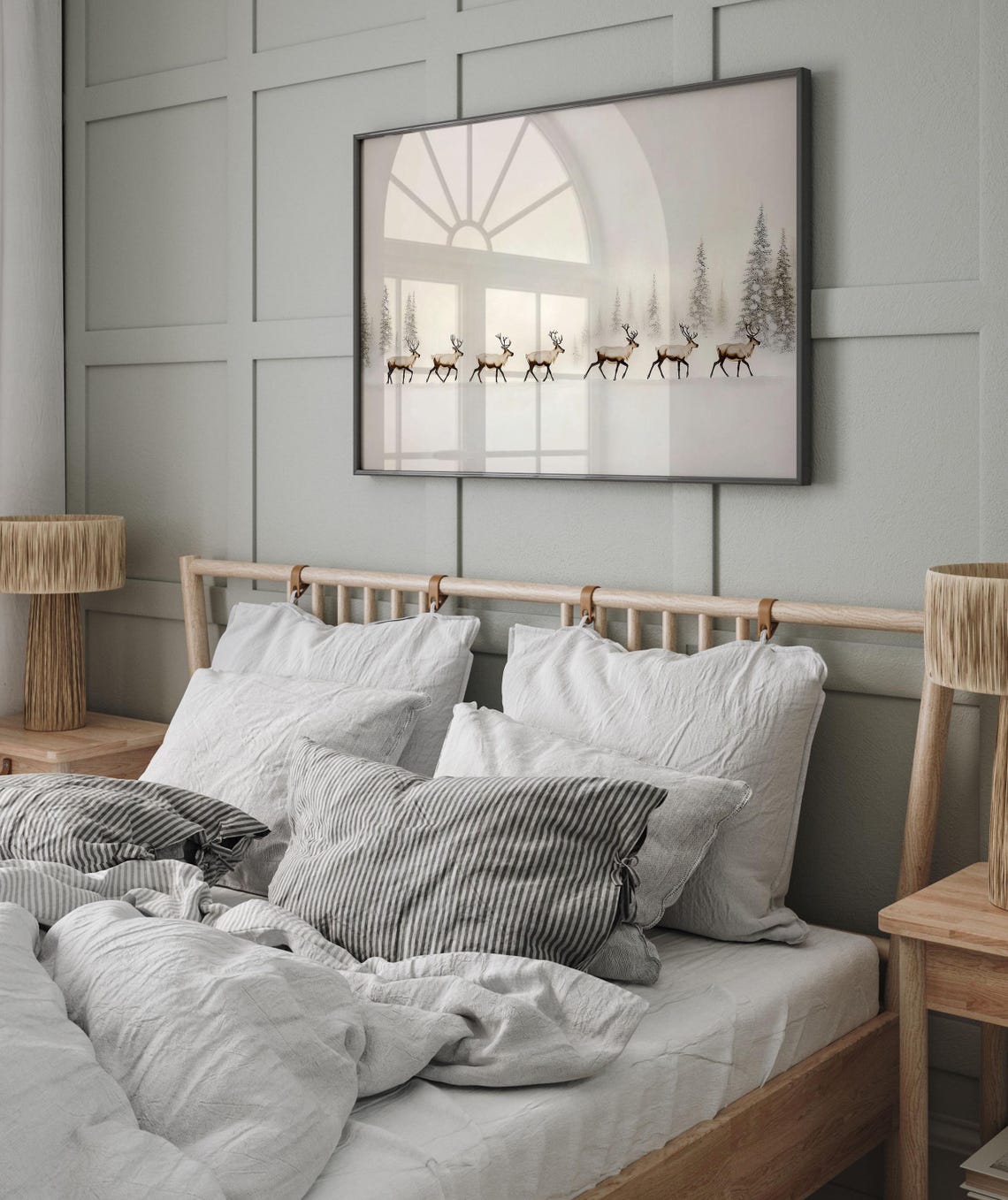 Seven Reindeer Walking Through Misty Snow Winter Landscape Poster - Image 5