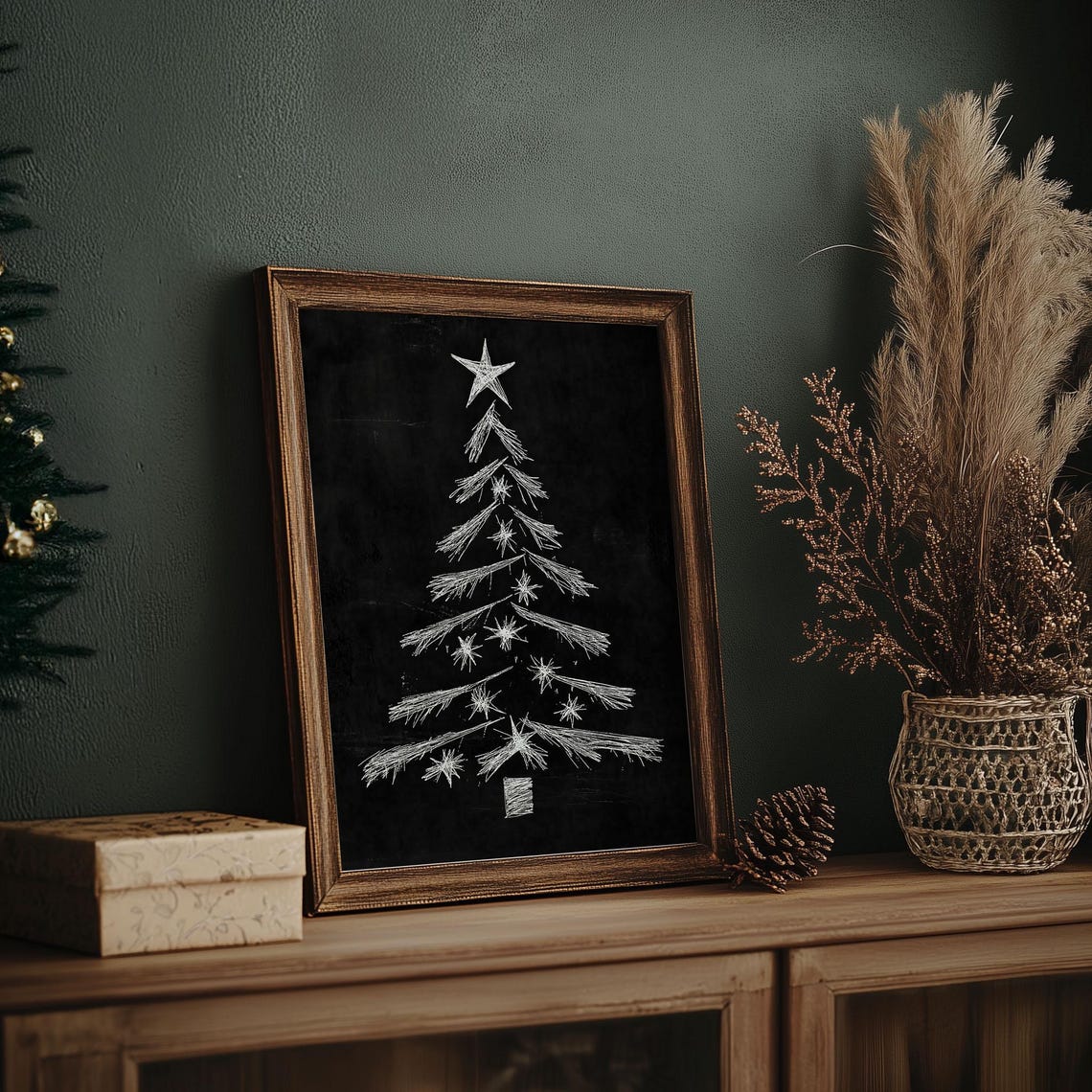 White Chalk Christmas Tree with Star on Black Chalkboard Poster - Image 6