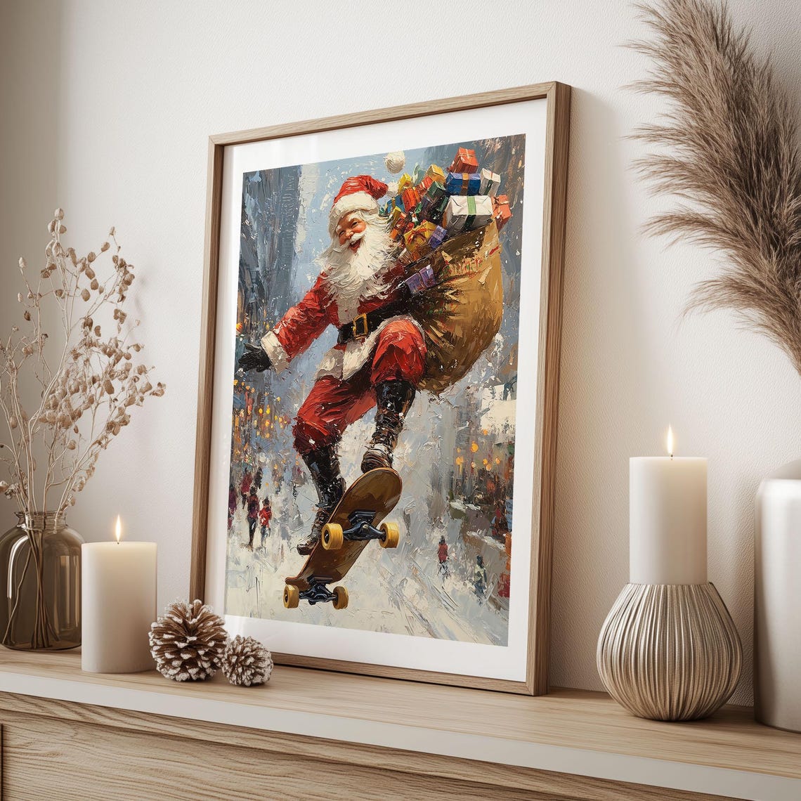 Cool Santa Claus Skateboard Jump with Gift Bag Snowy Street Poster - Image 4