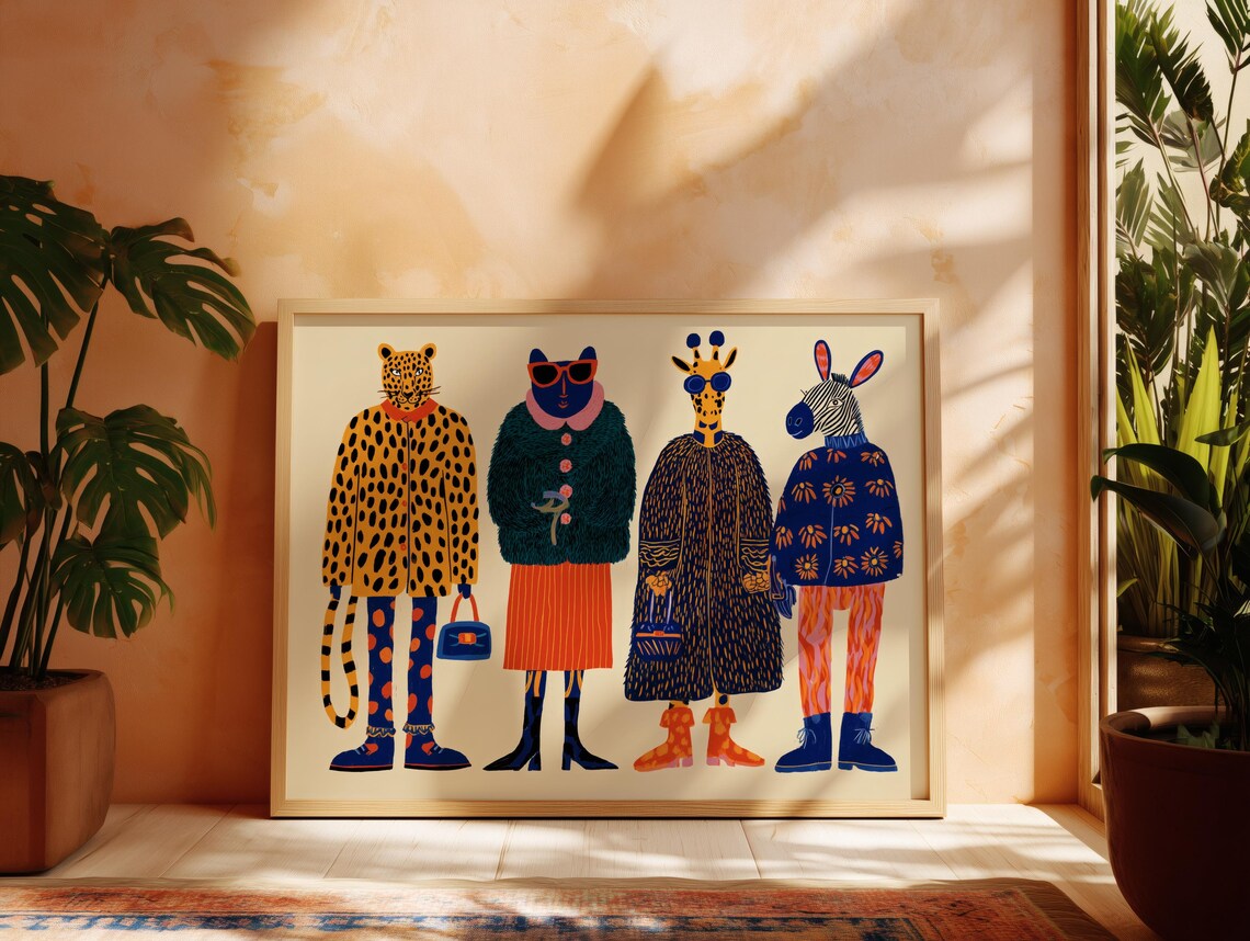 Fashion Animals Leopard Cat Giraffe Zebra Whimsical Art Poster