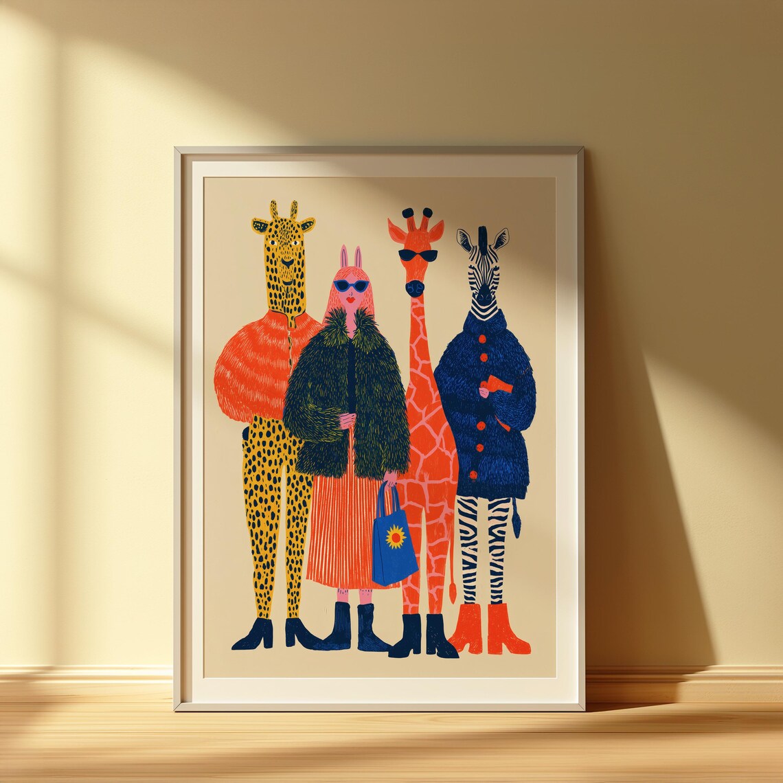 Whimsical Animal Fashion Art Print, Mid-Century Modern