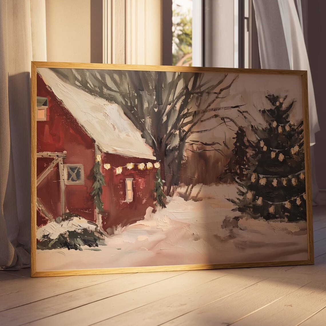 Red Barn In Snow Christmas Lights Vintage Winter Farmhouse Art Print