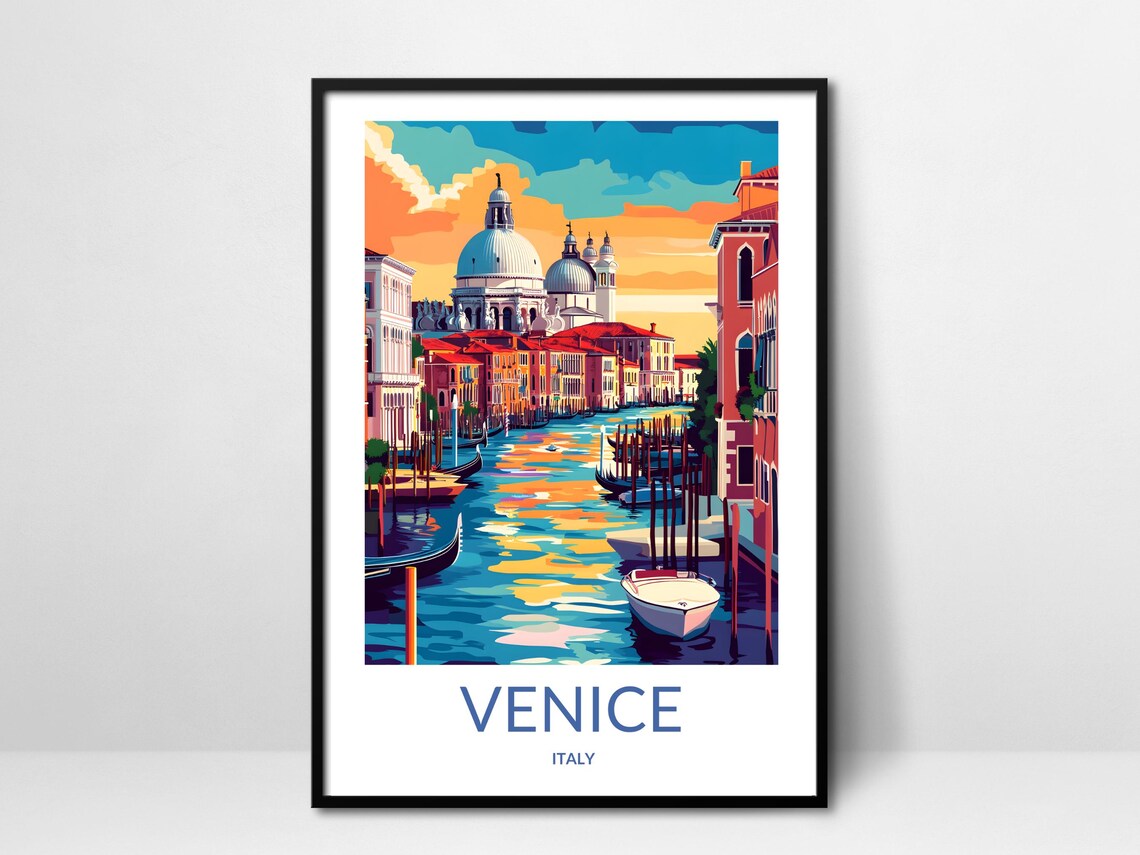 Venice Italy Grand Canal Gondolas and Domes Vintage Travel Poster