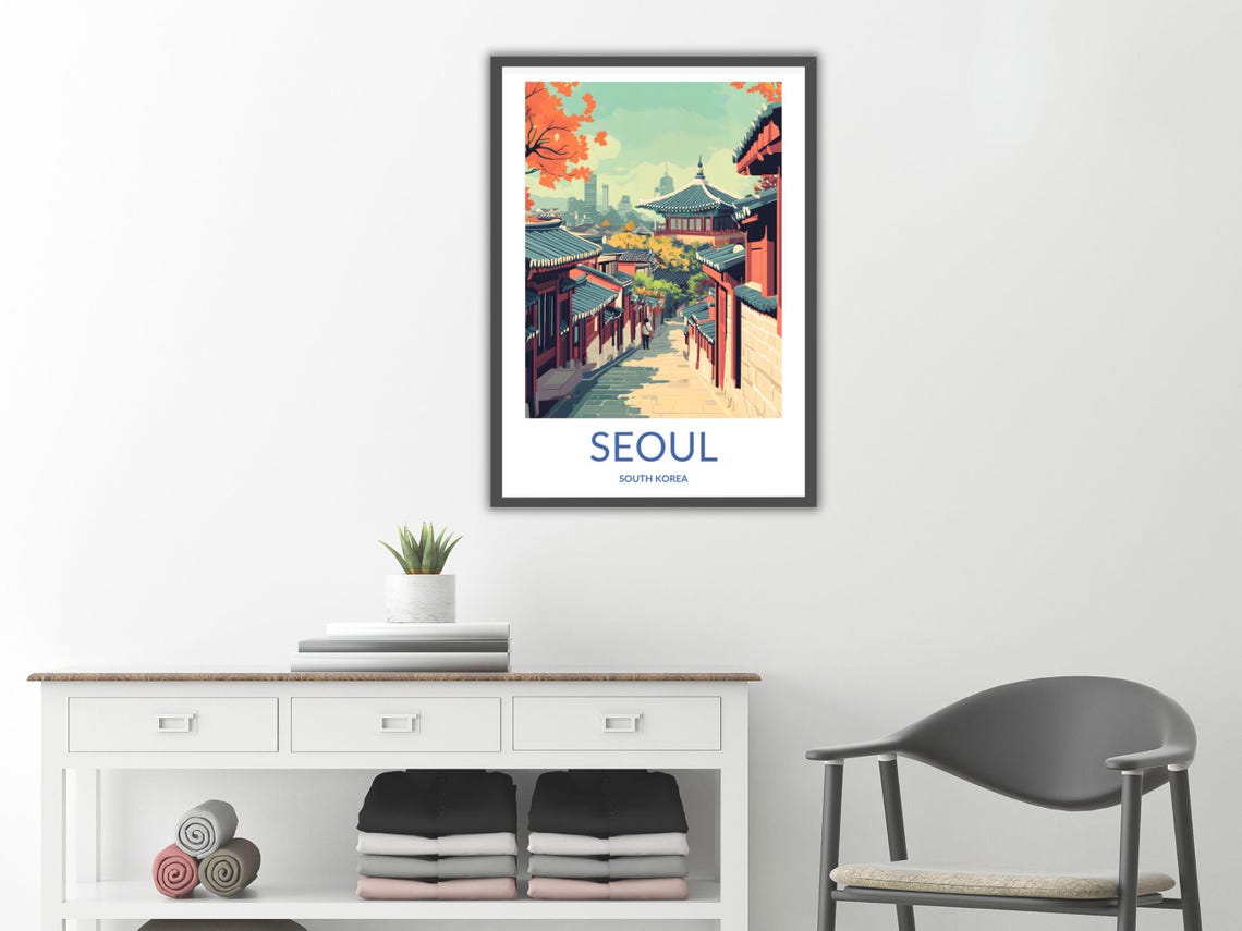 Seoul City Art South Korea Travel Poster Korean Traditional Village Bukchon Hanok Village Art Seoul Travel Decor - Image 2