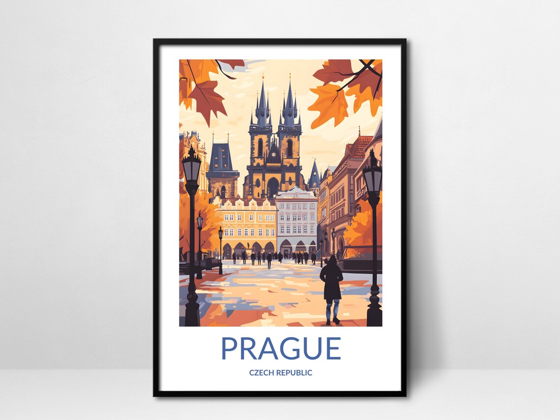 Prague Czech Republic Old Town Square Autumn Vintage Travel Poster
