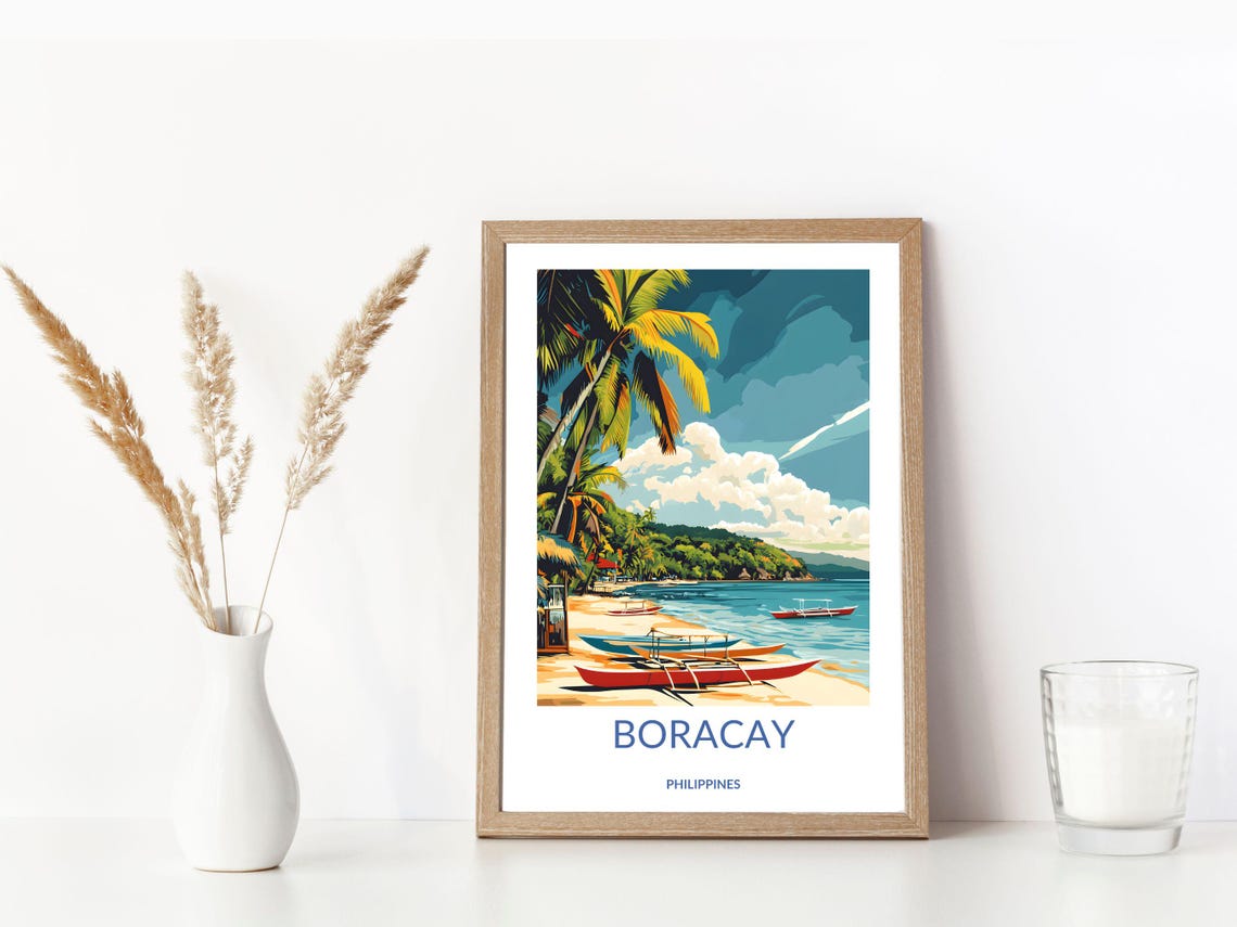 Boracay Philippines Tropical Beach Boats Palm Trees Travel Poster - Image 3
