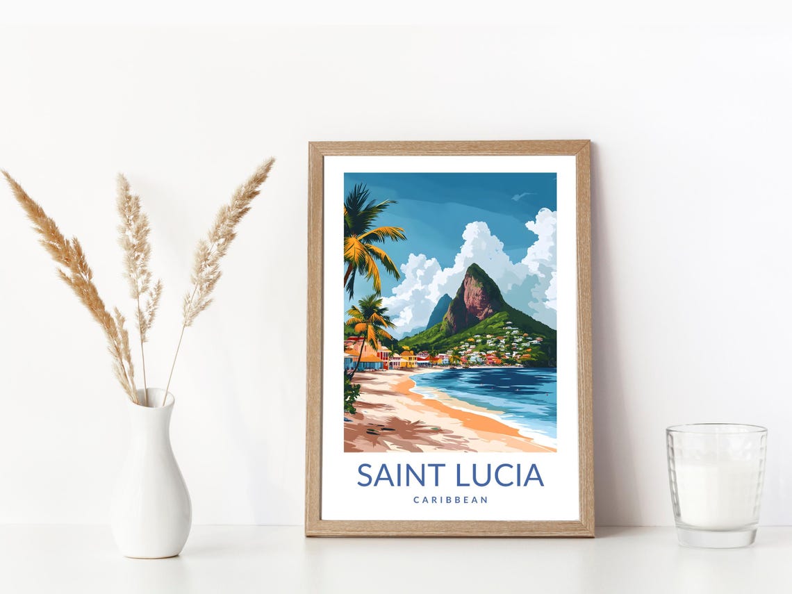 Saint Lucia Caribbean Pitons Beach Vintage Travel Poster Tropical Art - Image 3