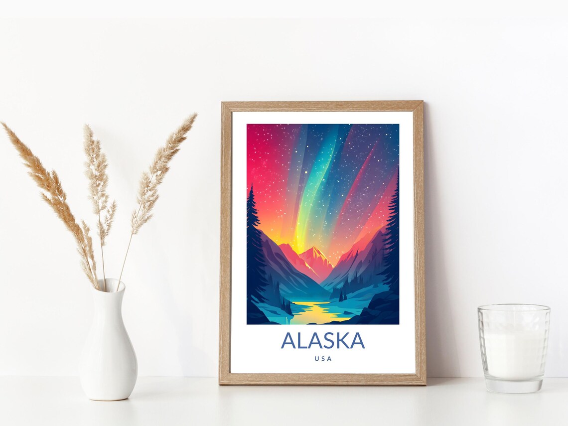 Alaska USA Northern Lights Poster Aurora Borealis Night Sky Glowing Art - Image 3