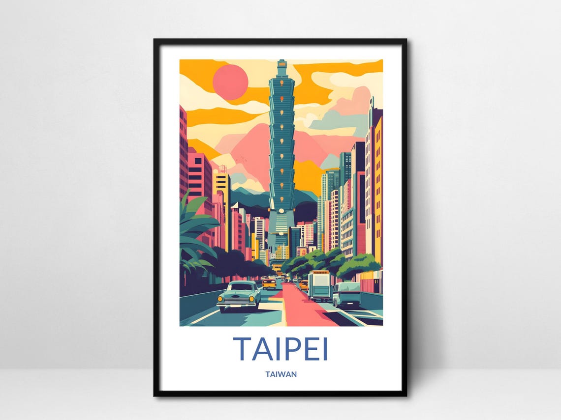 Taipei 101 Tower Pink Sunset City Road Retro Vintage Travel Poster