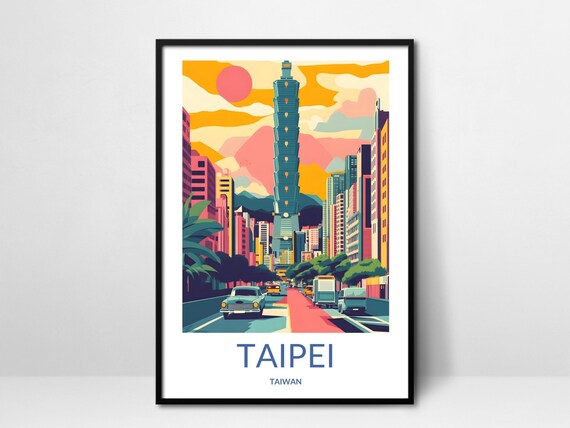 Taipei 101 Tower Pink Sunset City Road Retro Vintage Travel Poster