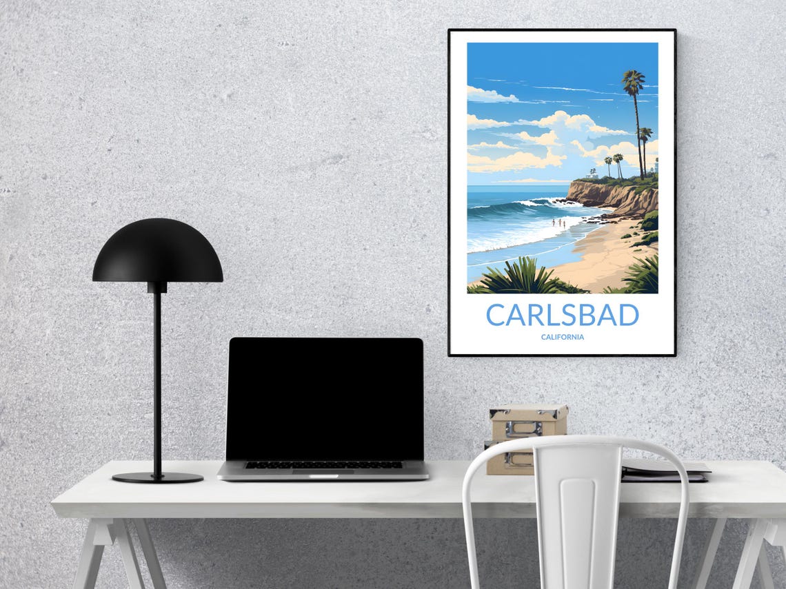 Carlsbad California Blue Ocean Cliffs Palms Vintage Summer Poster - Image 2