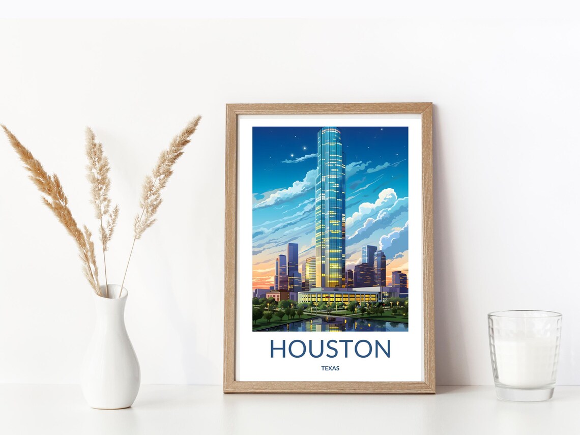 Houston Texas Night Skyline Glass Tower Lights City Travel Poster - Image 3
