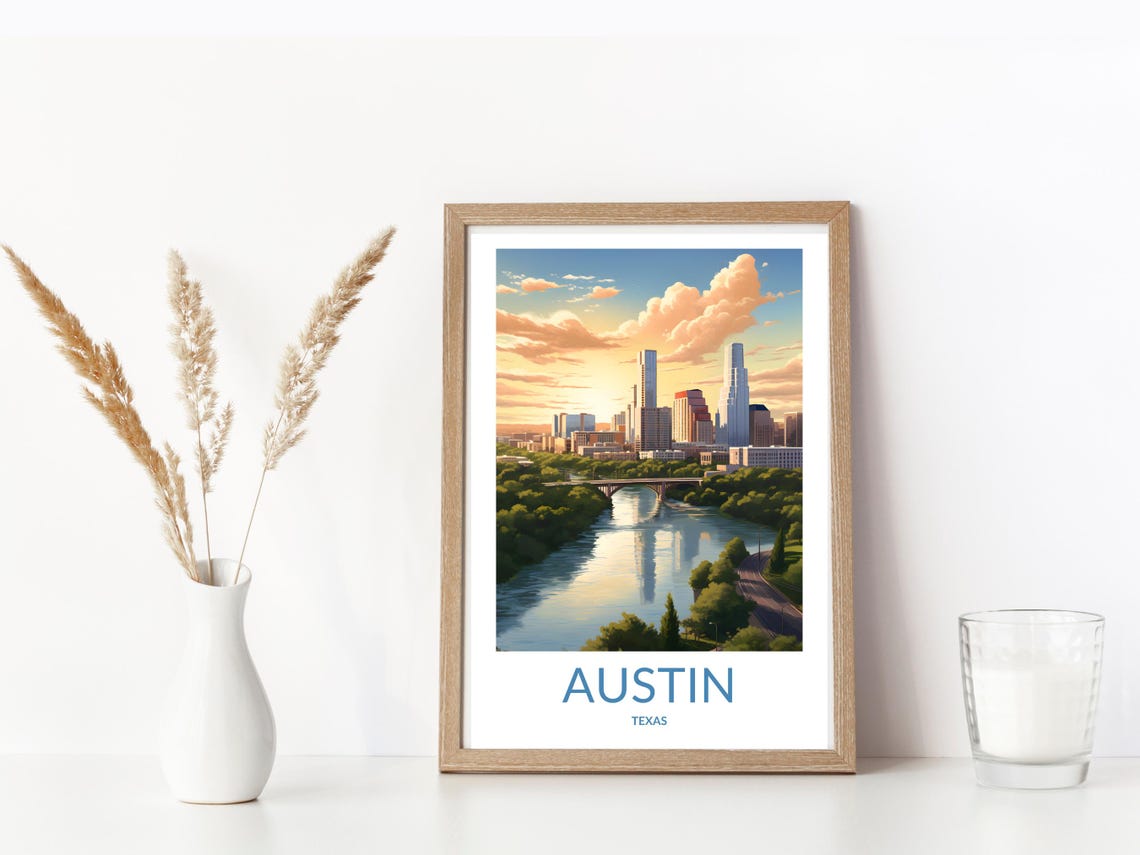 Austin Texas Sunset Skyline River Bridge Travel Vintage Poster - Image 3