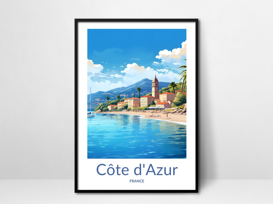 French Riviera Seaside Village Bell Tower Harbor Coast Poster