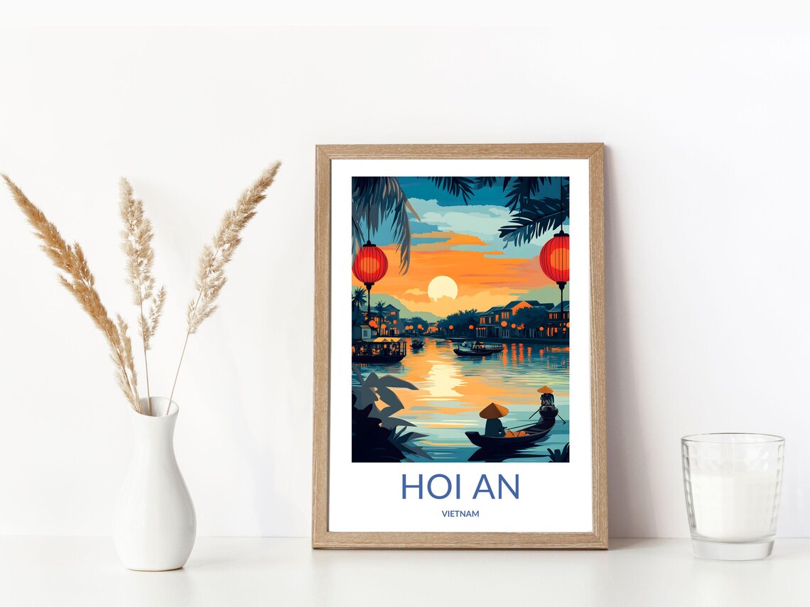 Hoi An Vietnam Sunset River Lanterns Conical Hat Rower Travel Poster - Image 3