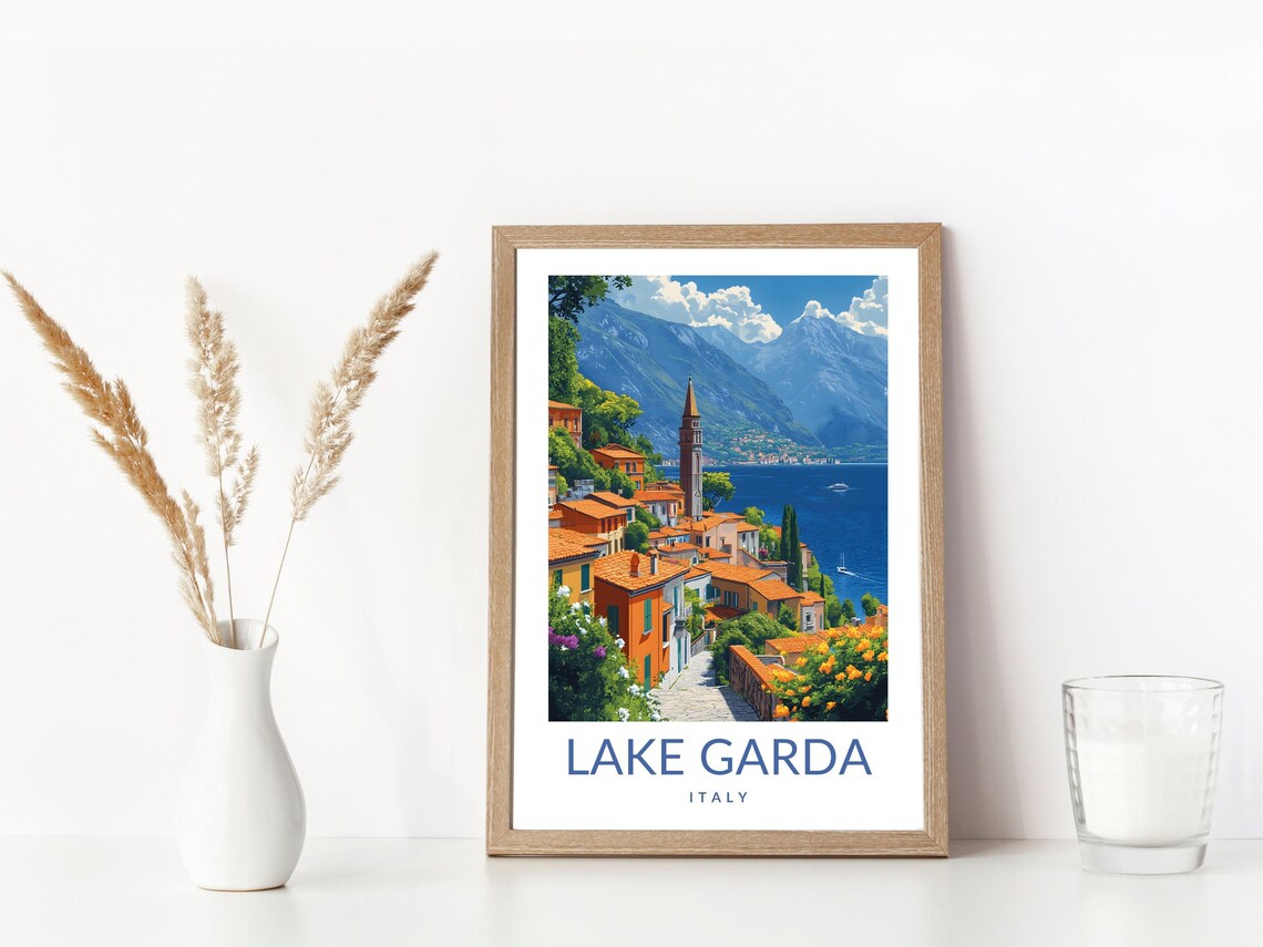 Lake Garda Italy Lakeside Village Vintage Travel Poster Mountain View - Image 3