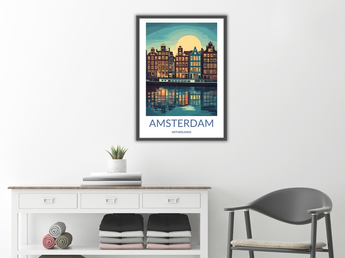 Amsterdam Night Moonlit Canal Houses Glowing Windows Holland Poster - Image 2