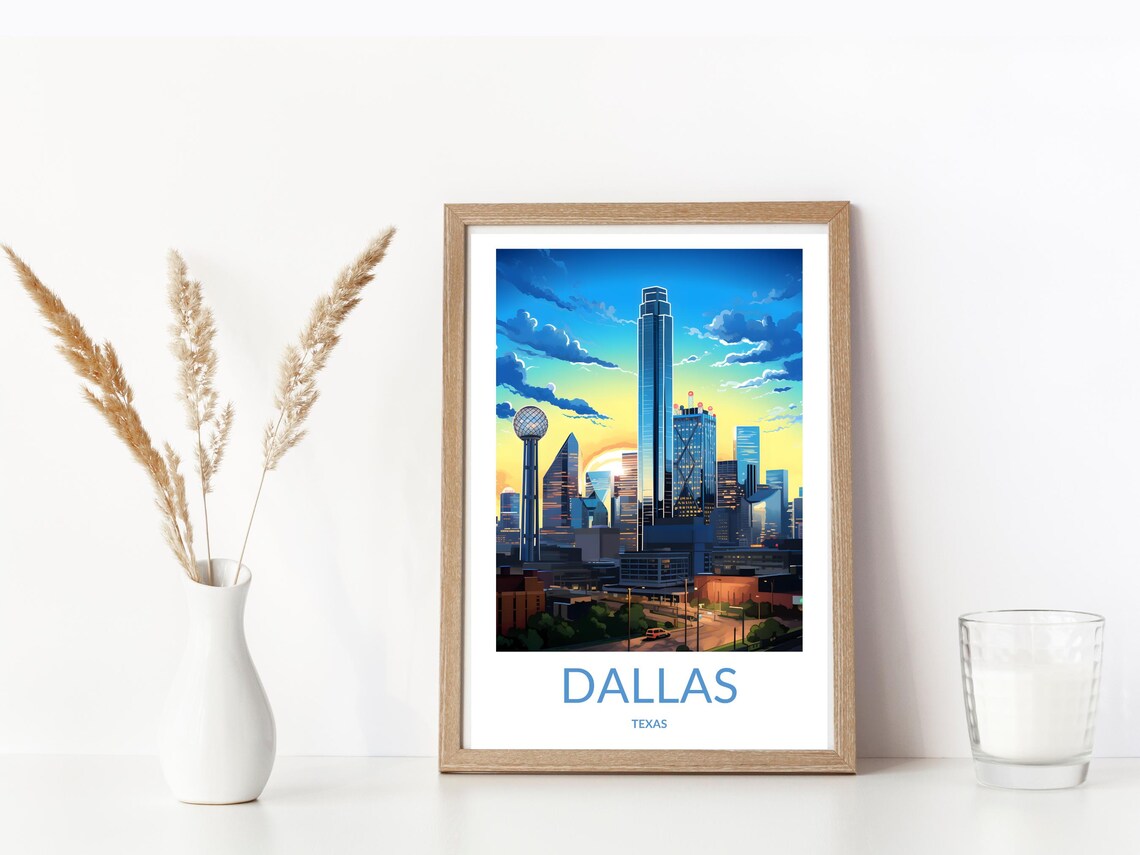 Dallas Texas Sunset Skyline Reunion Tower City Retro Travel Poster - Image 3
