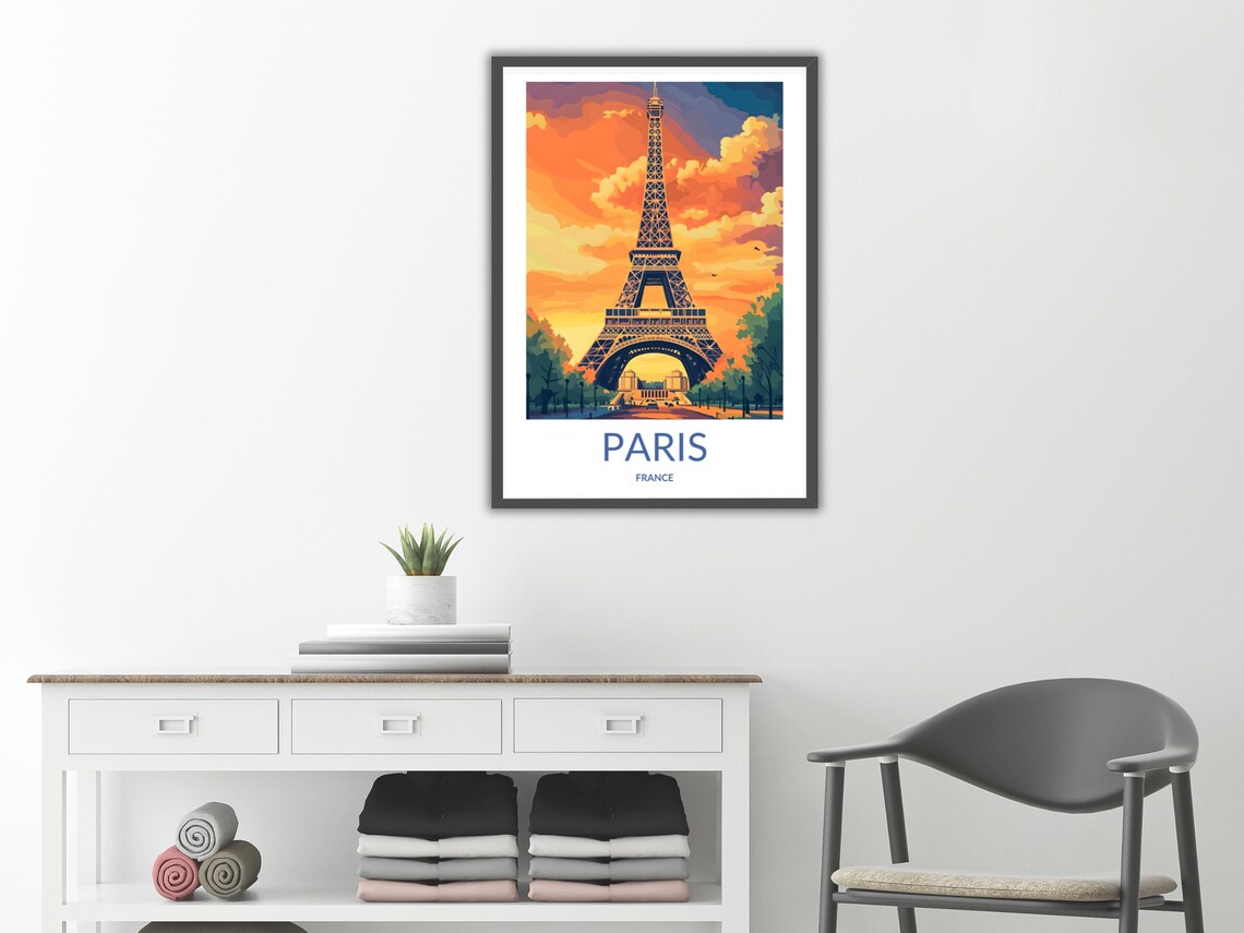 Paris France Eiffel Tower Sunset Orange Clouds Vintage Travel Poster - Image 2