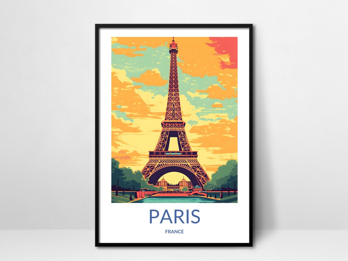 Paris France Eiffel Tower Sunset Golden Sky Vintage Travel Poster