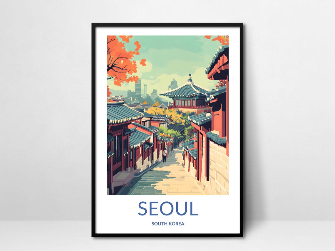 Seoul City Art South Korea Travel Poster Korean Traditional Village Bukchon Hanok Village Art Seoul Travel Decor
