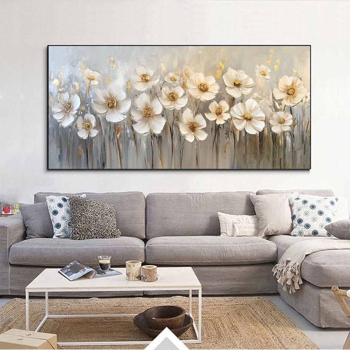 White Cosmos Flowers With Golden Centers Panoramic Elegant Wall Art - Image 6