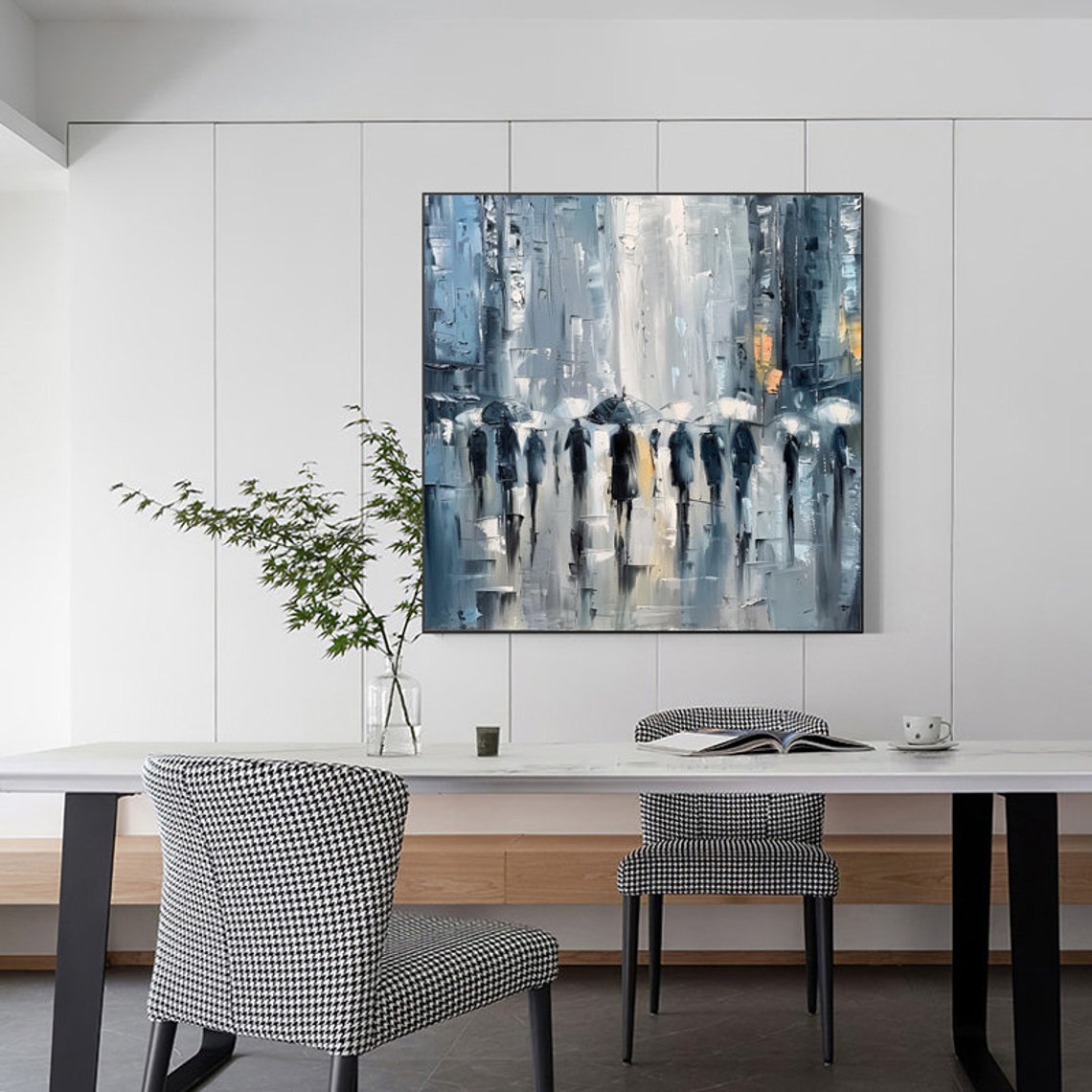 Moody Rainy City Street Crowd With Umbrellas Abstract Oil Poster - Image 2