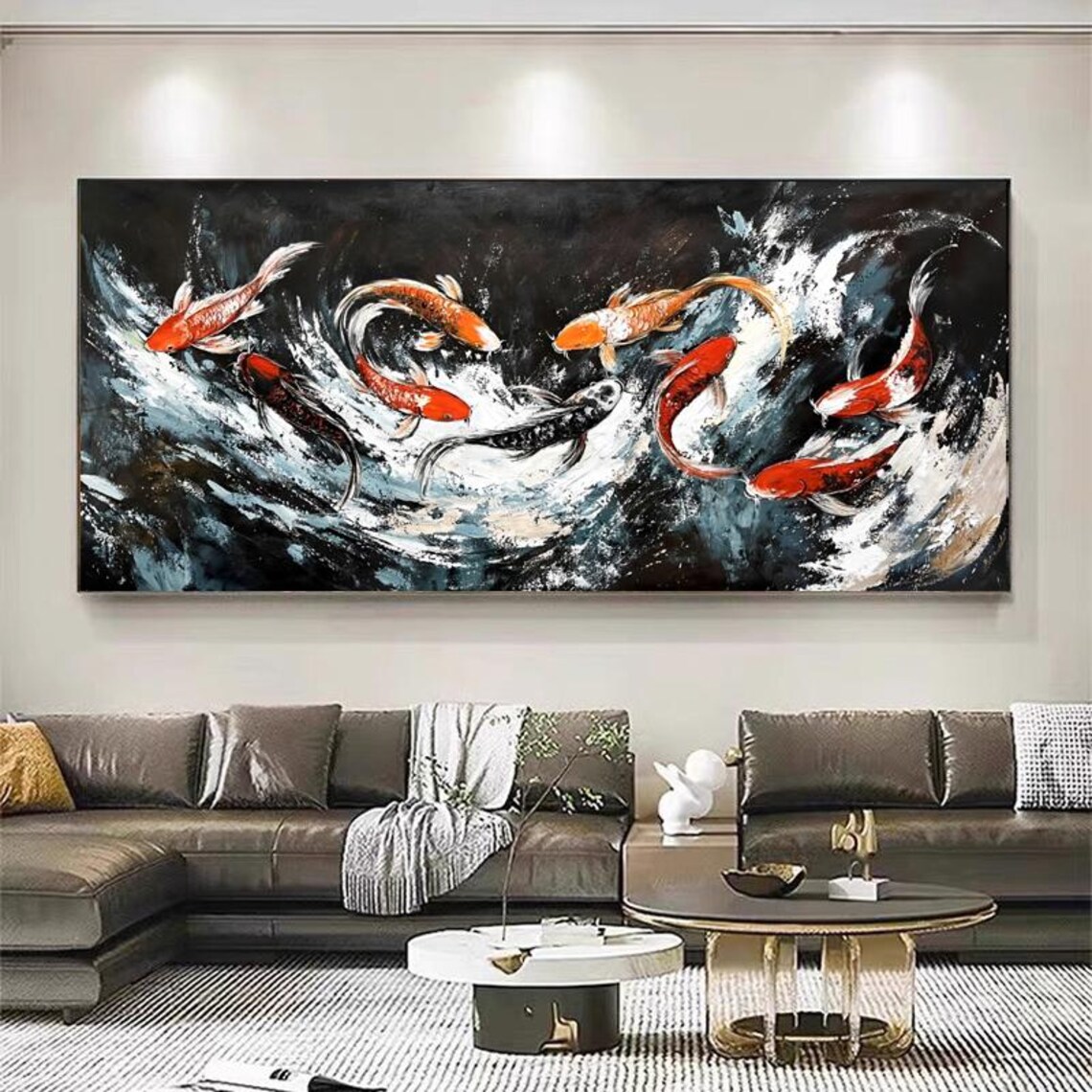 Nine Abstract Koi Oil Painting, Living Room Wall Art - Image 6