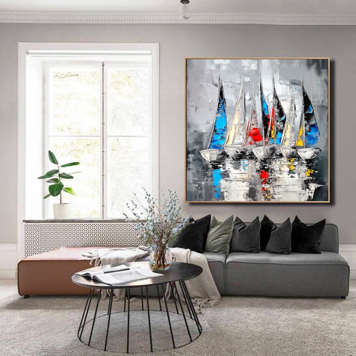 Docked Sailboats With Bright Multicolor Sails on Gray Water Wall Art - Image 2