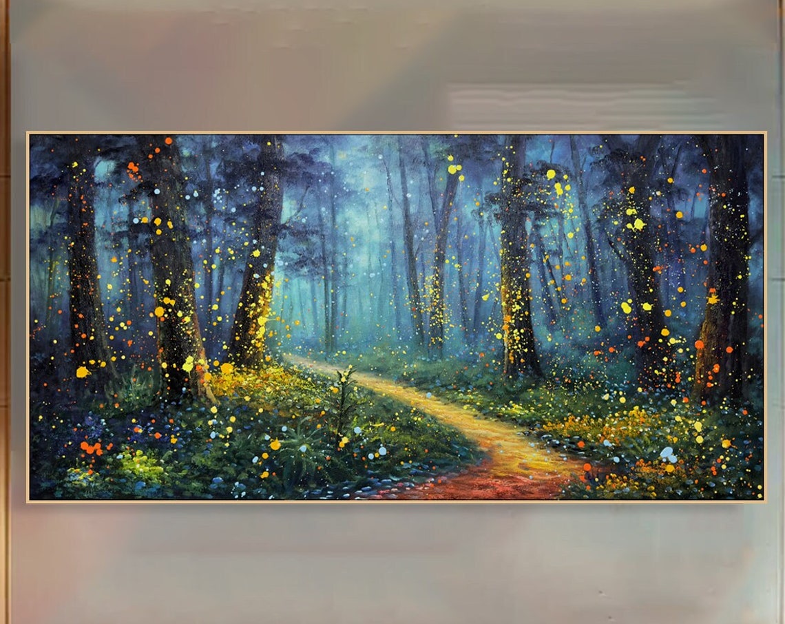 Firefly Forest Night Glowing Path Textured Oil Painting Travel Poster