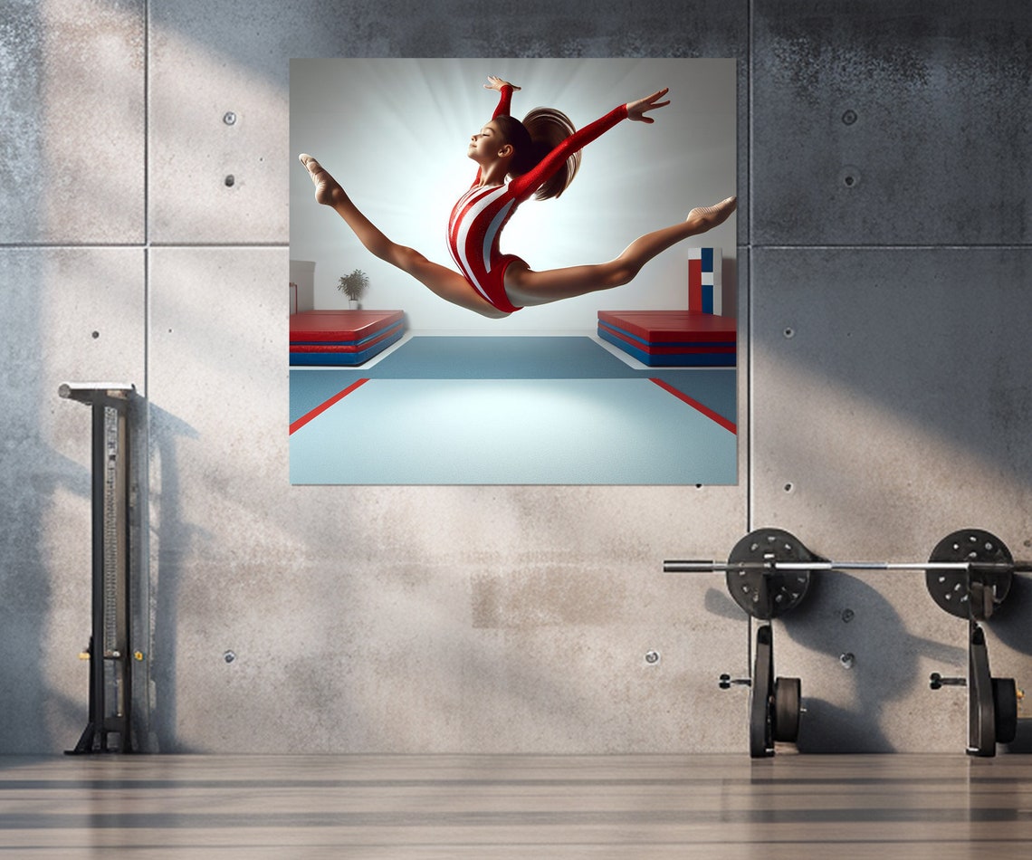 Gymnast Split Leap Floor Exercise Red Leotard Sports Action Poster - Image 3
