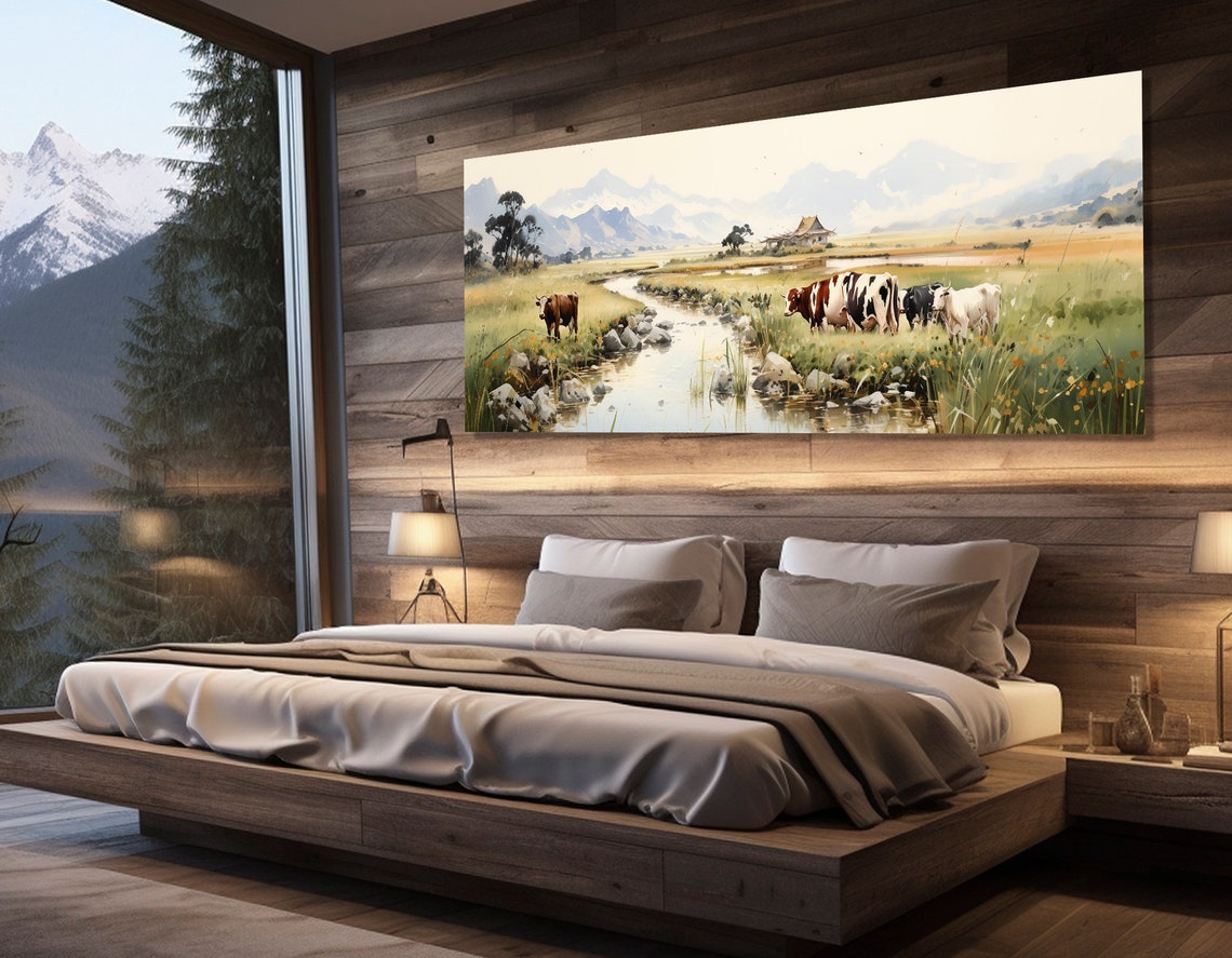 Cows Grazing By Mountain Stream Watercolor Meadow Farm Scene Poster - Image 3