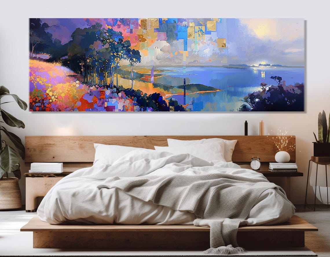 Lilac Lake Cubist Landscape Dusk Gold Blocks Abstract Nature Art Print