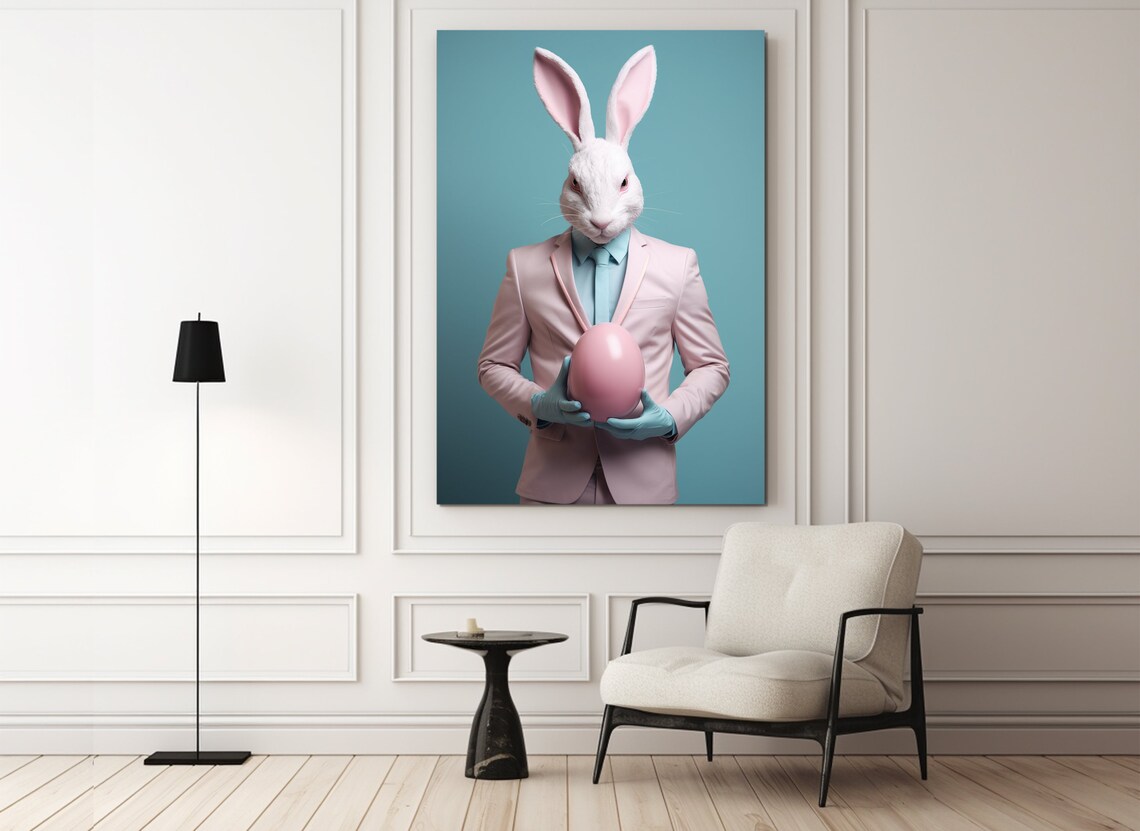 Rabbit In Pink Suit Holding Pink Egg Surreal Portrait Funny Easter Wall Art Poster - Image 3