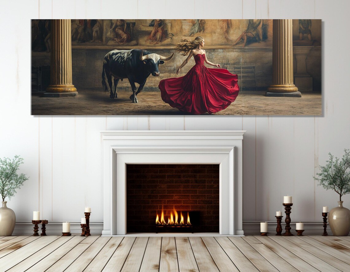 Lady in Red Dress With Bull Spanish Palace Courtyard Dramatic Art Poster