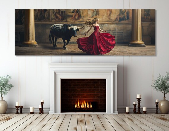 Lady in Red Dress With Bull Spanish Palace Courtyard Dramatic Art Poster