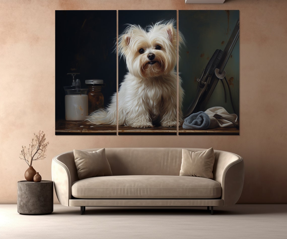 Small White Terrier At Vintage Grooming Station Moody Painting Poster - Image 3
