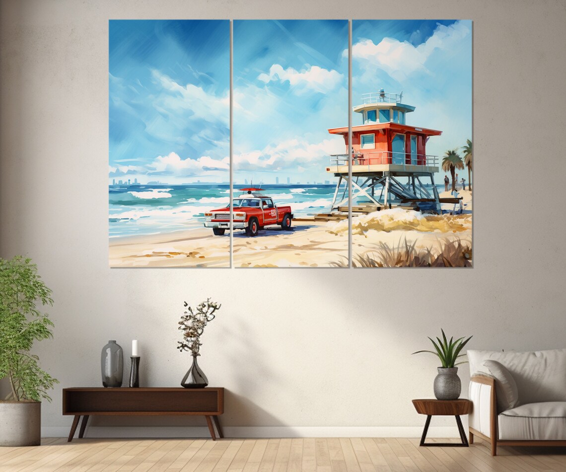Red Lifeguard Tower Truck Sunny Beach Painting Travel Poster - Image 4
