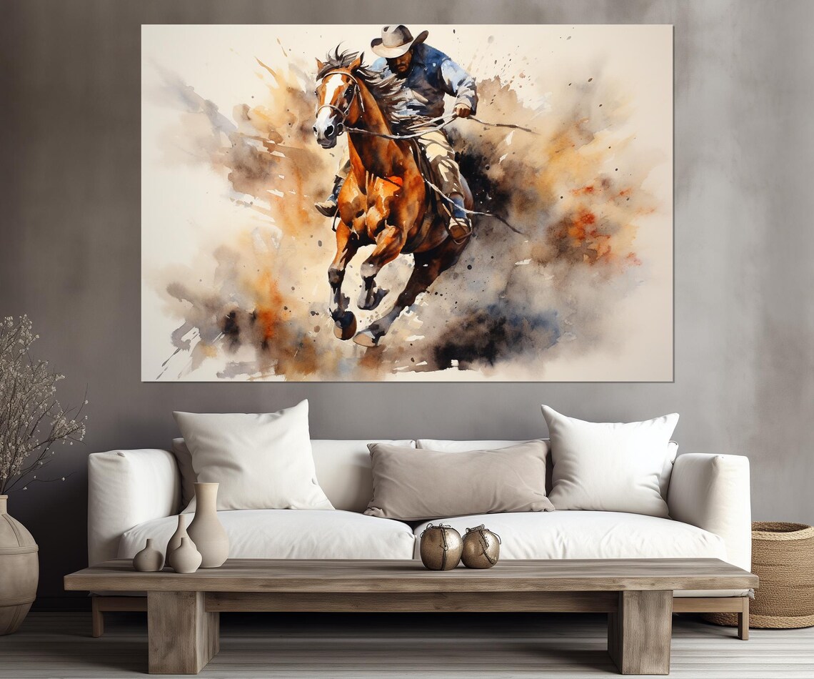 Wild West Cowboy Riding Horse Dust Watercolor Western Art Poster - Image 3