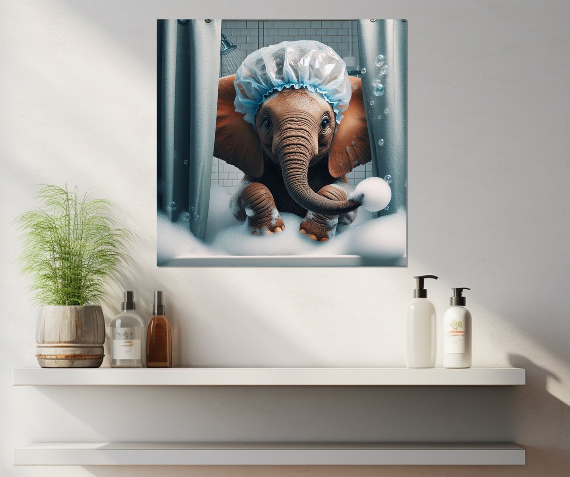 Baby Elephant With Blue Shower Cap Bubble Bath Playful Animal Poster - Image 2