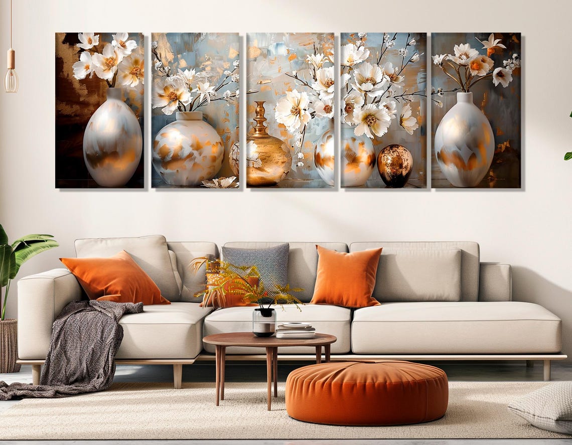 White Floral Still Life In Golden Vases Elegant Panoramic Print - Image 2