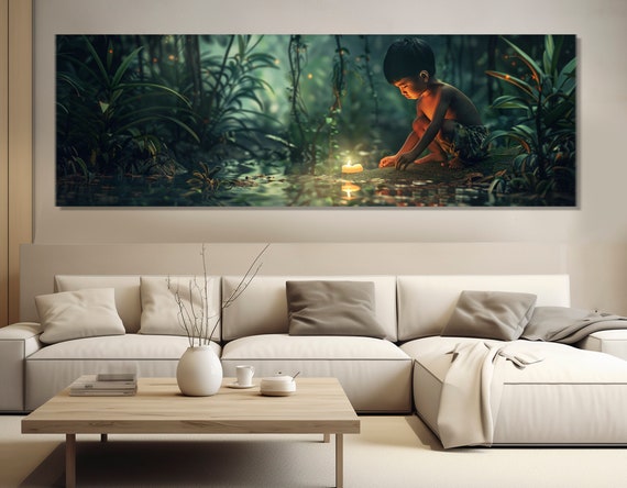 Asian Boy With Candle In Jungle Painting Print Buddhist Wall Art Buddhist Painting Jungle Wall Art Framed And Ready To Hang
