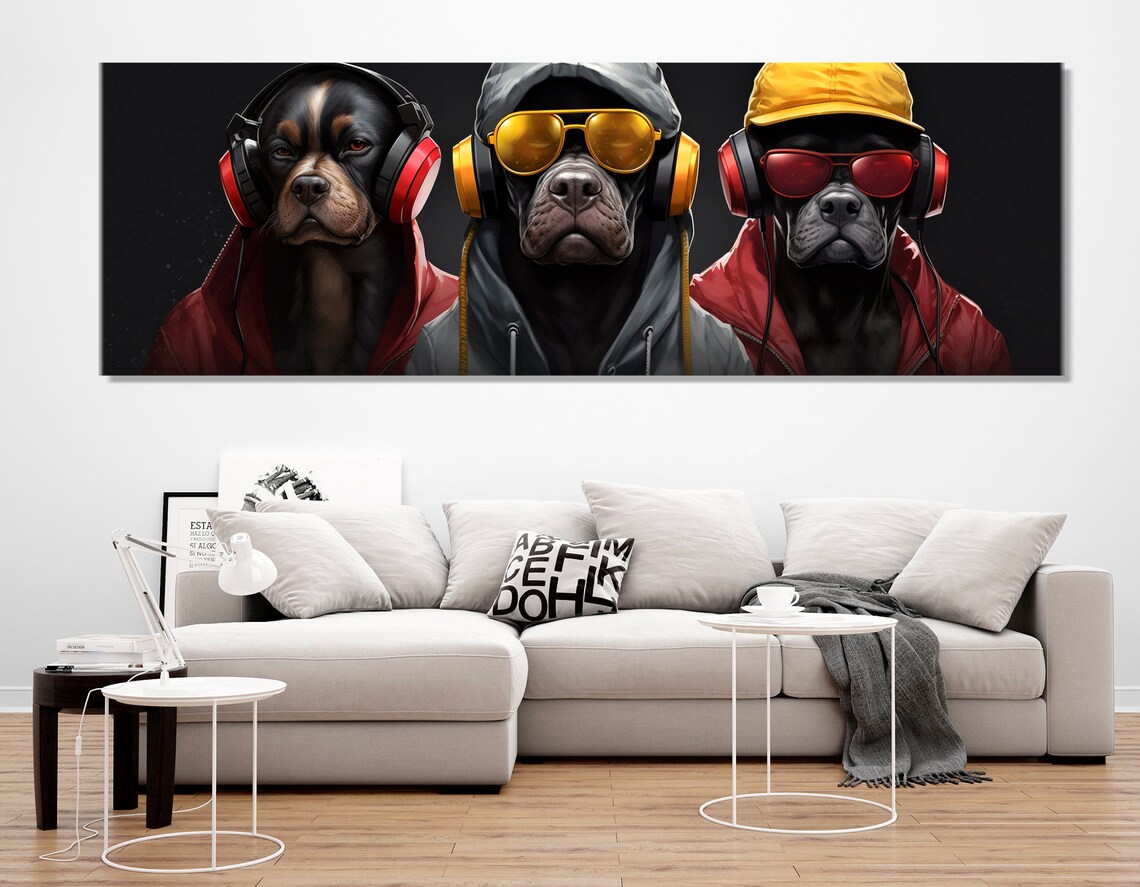 Cool Dogs in Headphones Sunglasses Funny Teen Room Gamer Art Poster