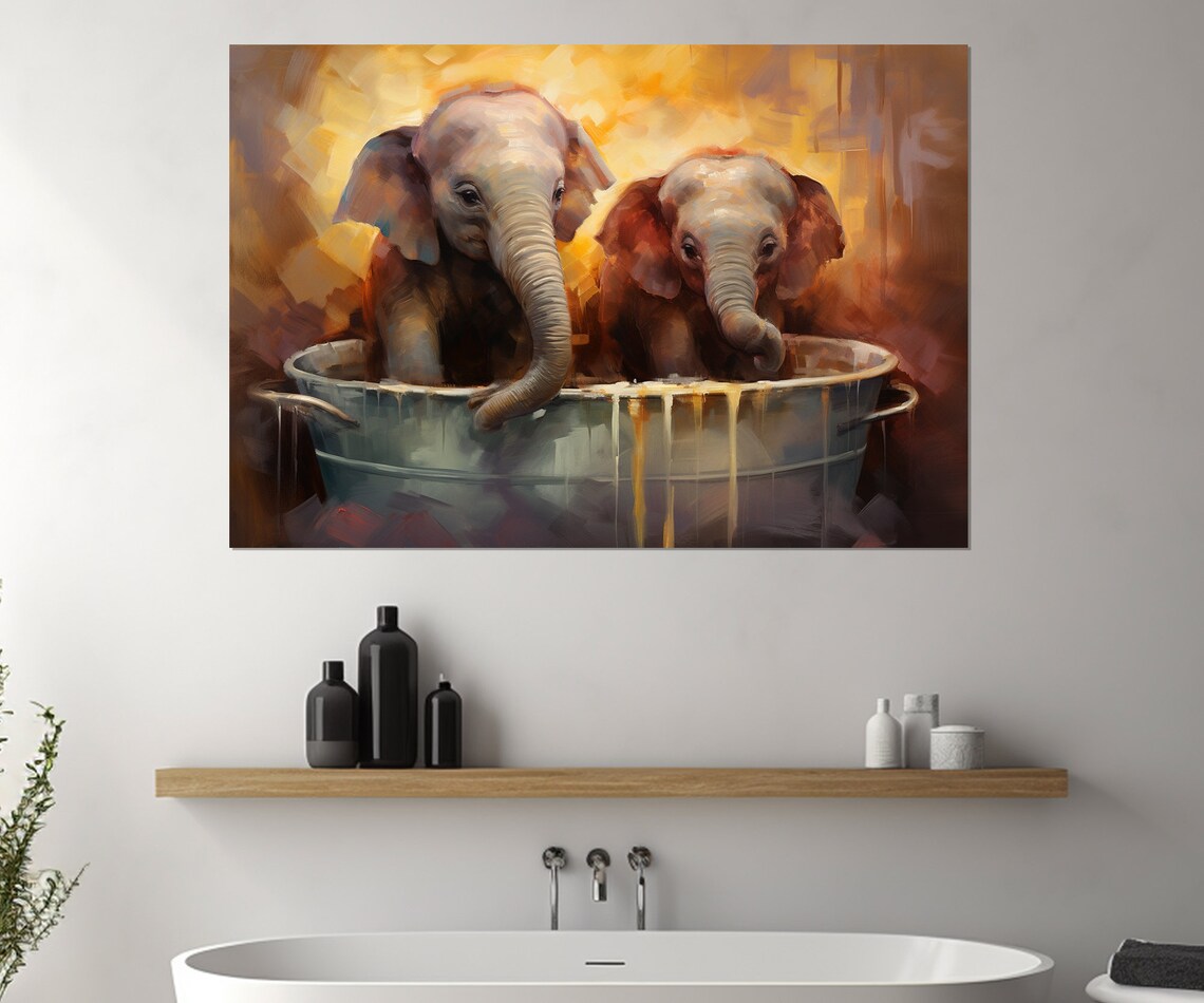 Baby Elephants In Vintage Metal Tub Cute Warm Golden Painting Poster - Image 3