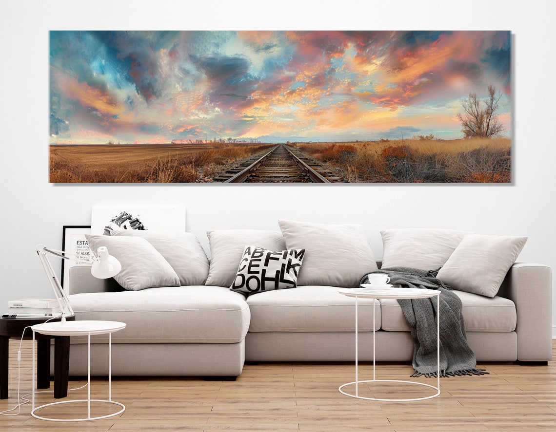 Railroad Tracks Field Dramatic Sunset Cloudscape Colorful Sky Wall Art