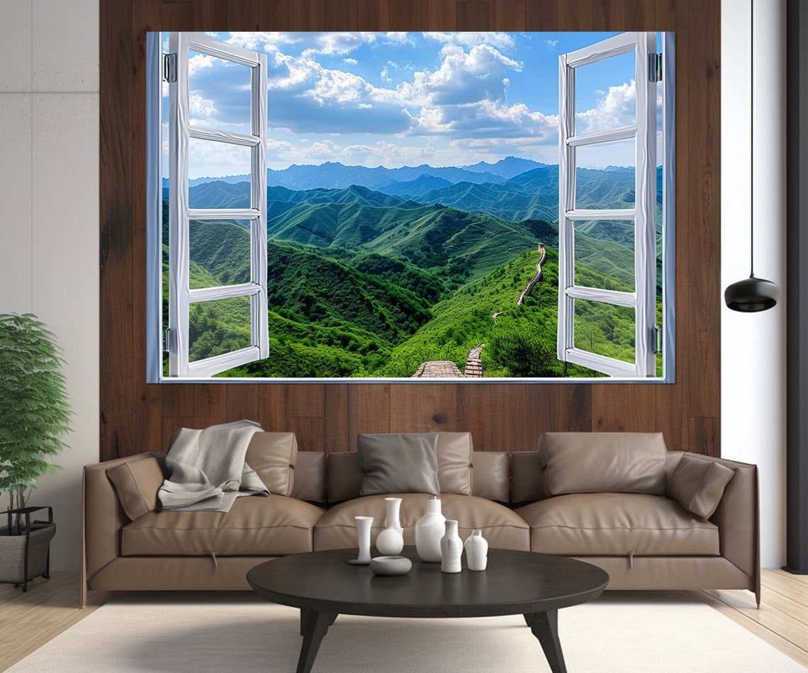Great Wall of China Through Open Window Green Mountains Travel Poster - Image 4